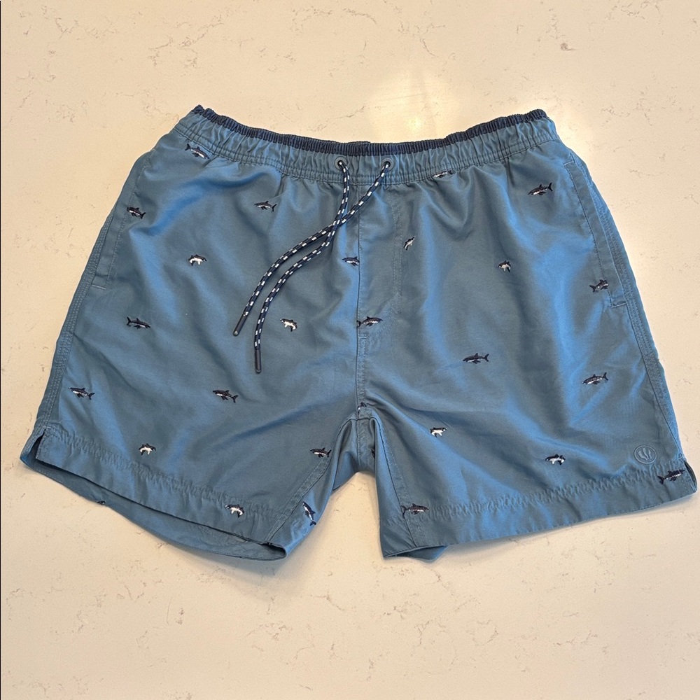 Fat Face Blue Swim Trunks with Shark Embroidery